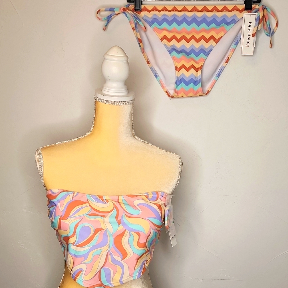 NWT SZ L Hula Honey Colorful Swirl and Zigzag Bikini Set.  E97